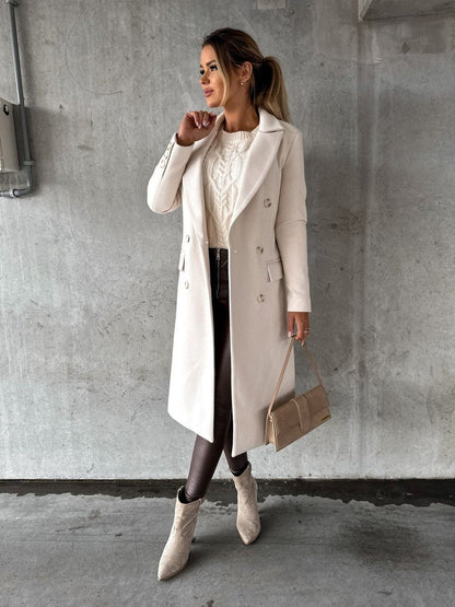 Elowra | Women's Double-Breasted Tailored Long-Sleeve Midi Overcoat