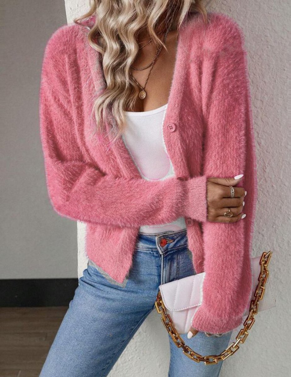 Marlowna | Women's Fluffy V-Neck Button-Front Knit Cardigan