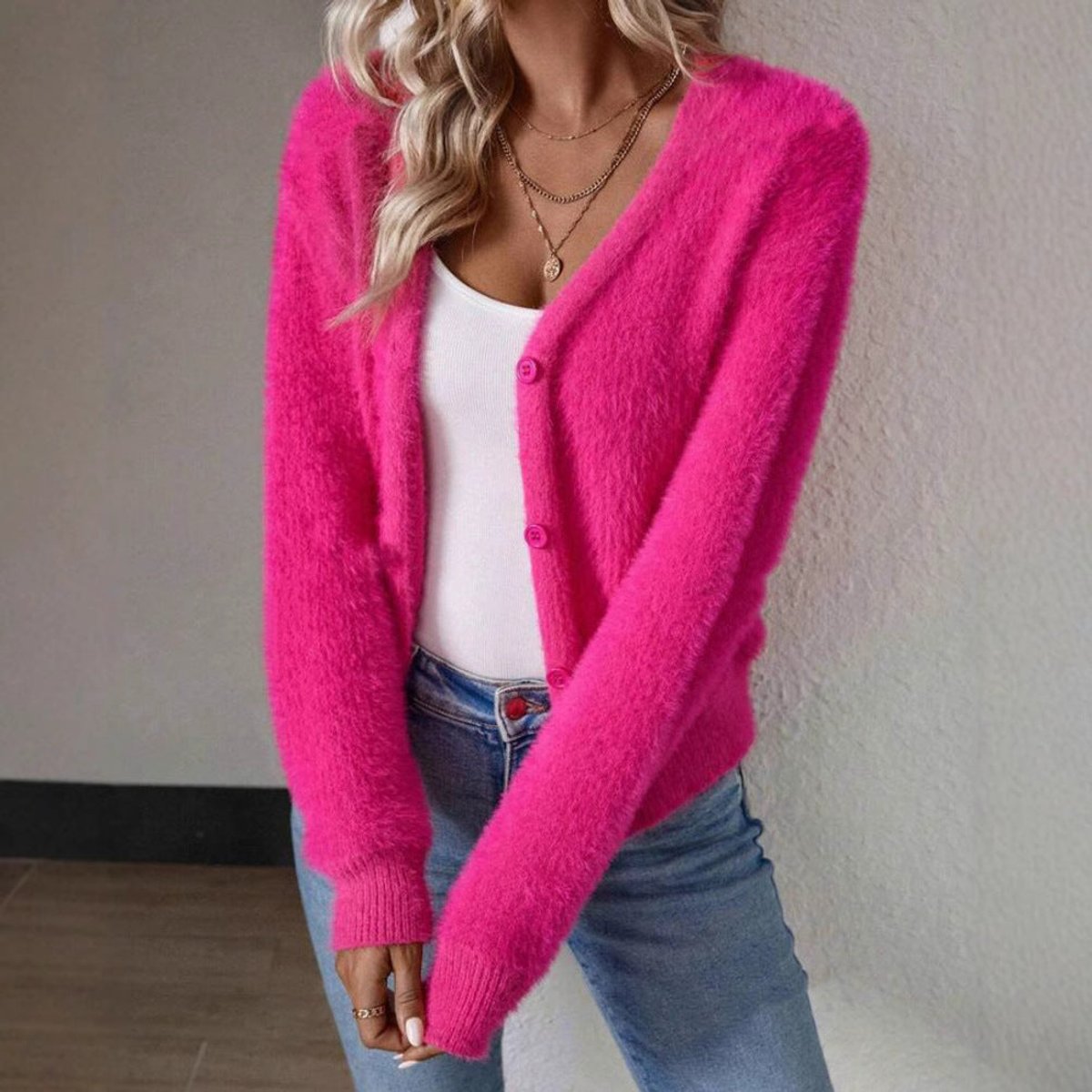 Marlowna | Women's Fluffy V-Neck Button-Front Knit Cardigan