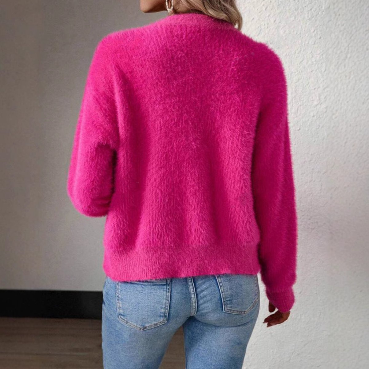 Marlowna | Women's Fluffy V-Neck Button-Front Knit Cardigan