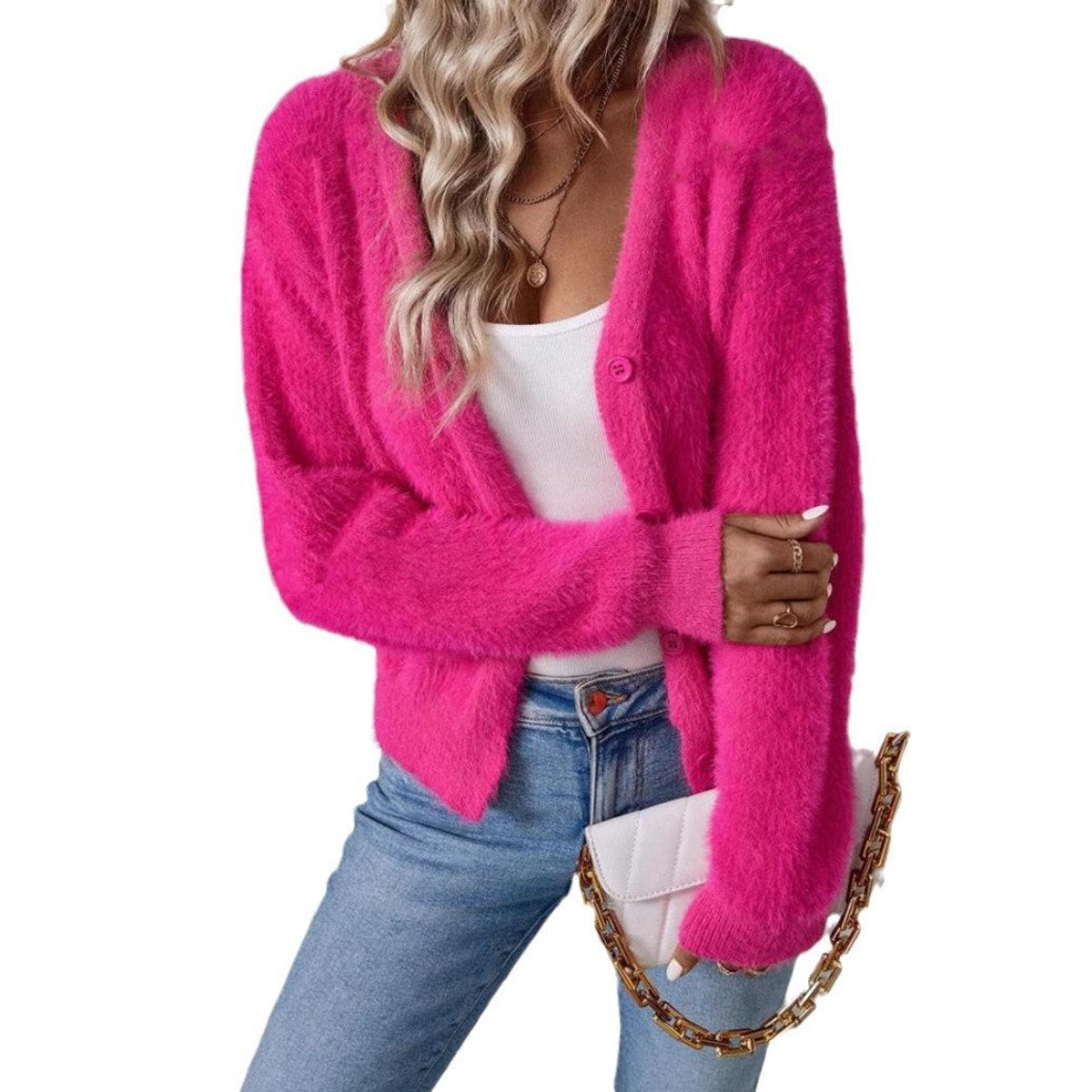 Marlowna | Women's Fluffy V-Neck Button-Front Knit Cardigan