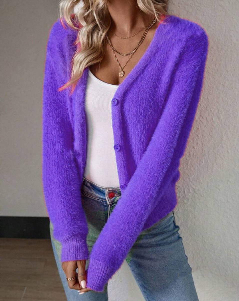 Marlowna | Women's Fluffy V-Neck Button-Front Knit Cardigan