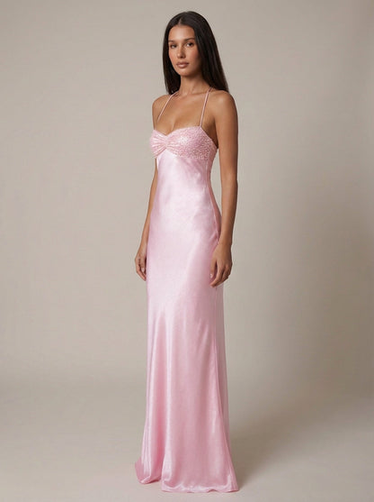Celeste | Satin Formal Maxi Dress Pearl Beaded Halter Backless