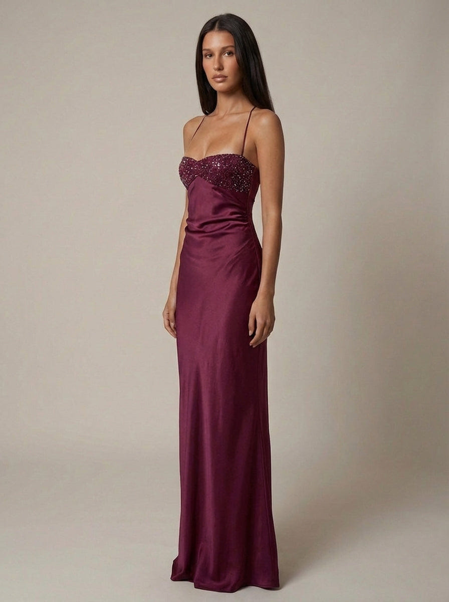 Seraphina | Women's Beaded Halter Satin Formal Evening Maxi Dress