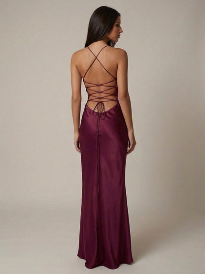 Celeste | Satin Formal Maxi Dress Pearl Beaded Halter Backless