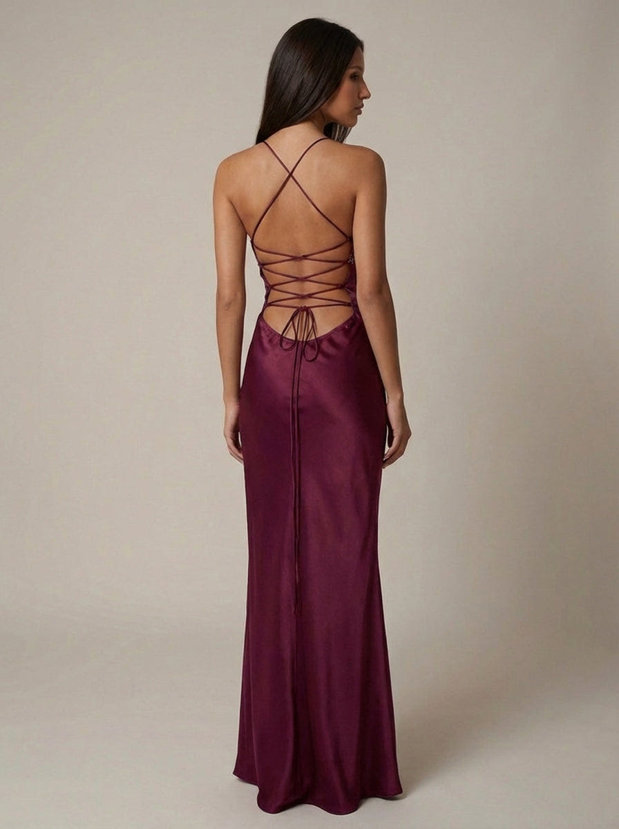 Seraphina | Women's Beaded Halter Satin Formal Evening Maxi Dress