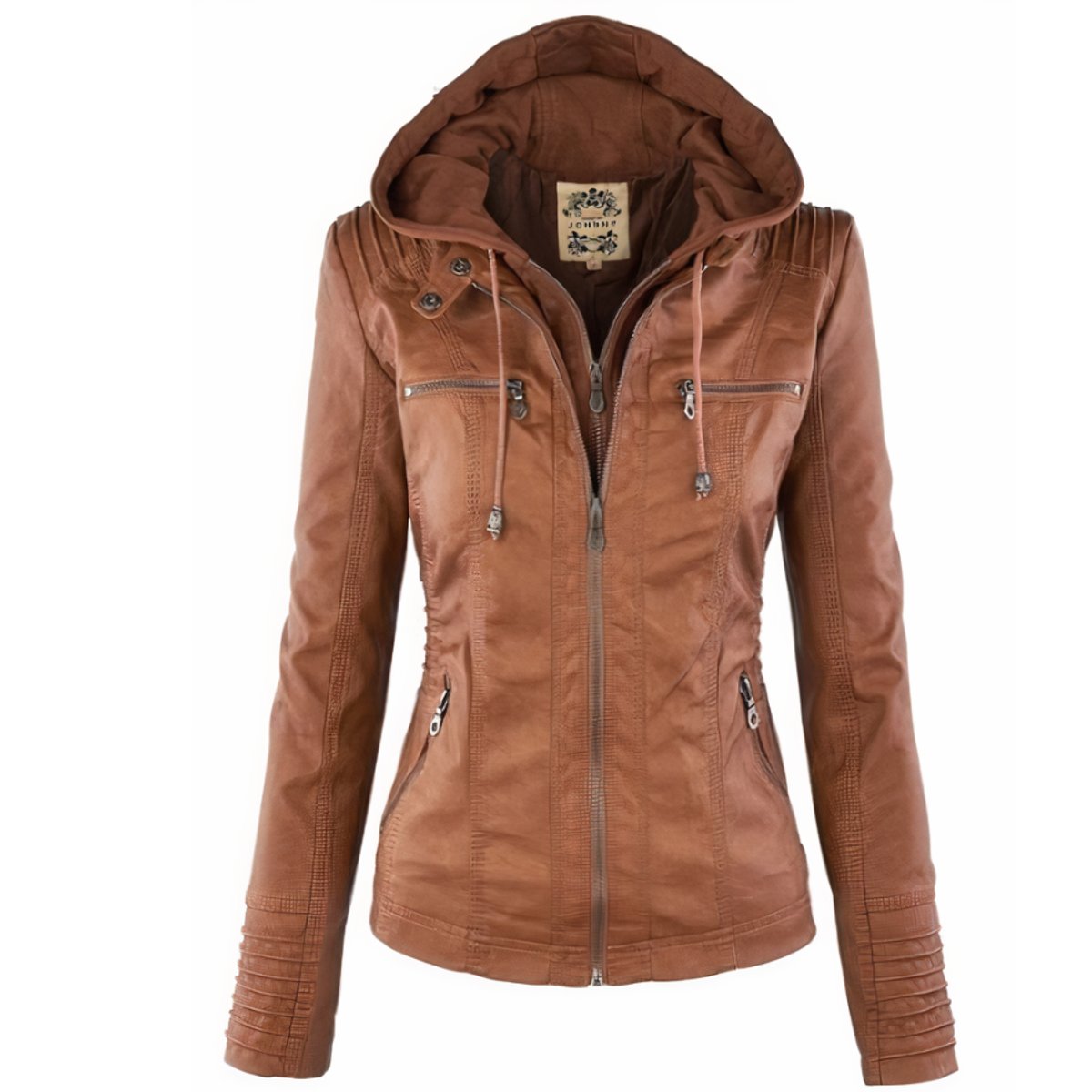 Genevieve | Women's Hooded Moto Faux Leather Jacket