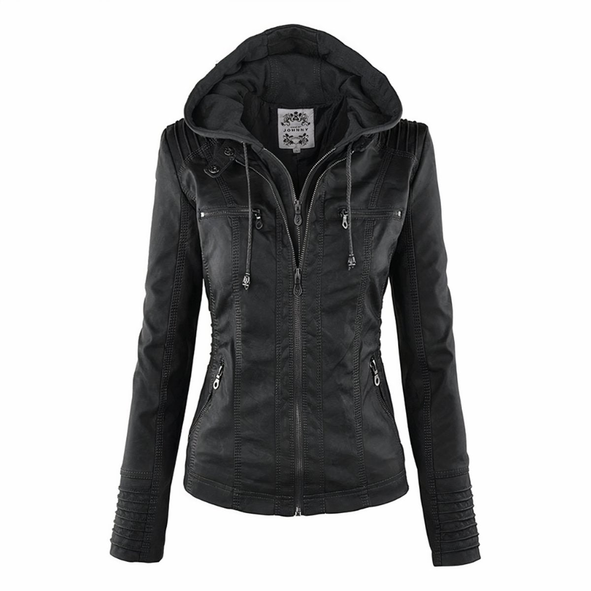 Genevieve | Women's Hooded Moto Faux Leather Jacket
