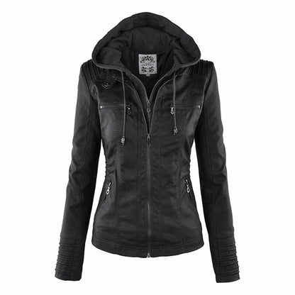 Genevieve | Women's Hooded Moto Faux Leather Jacket