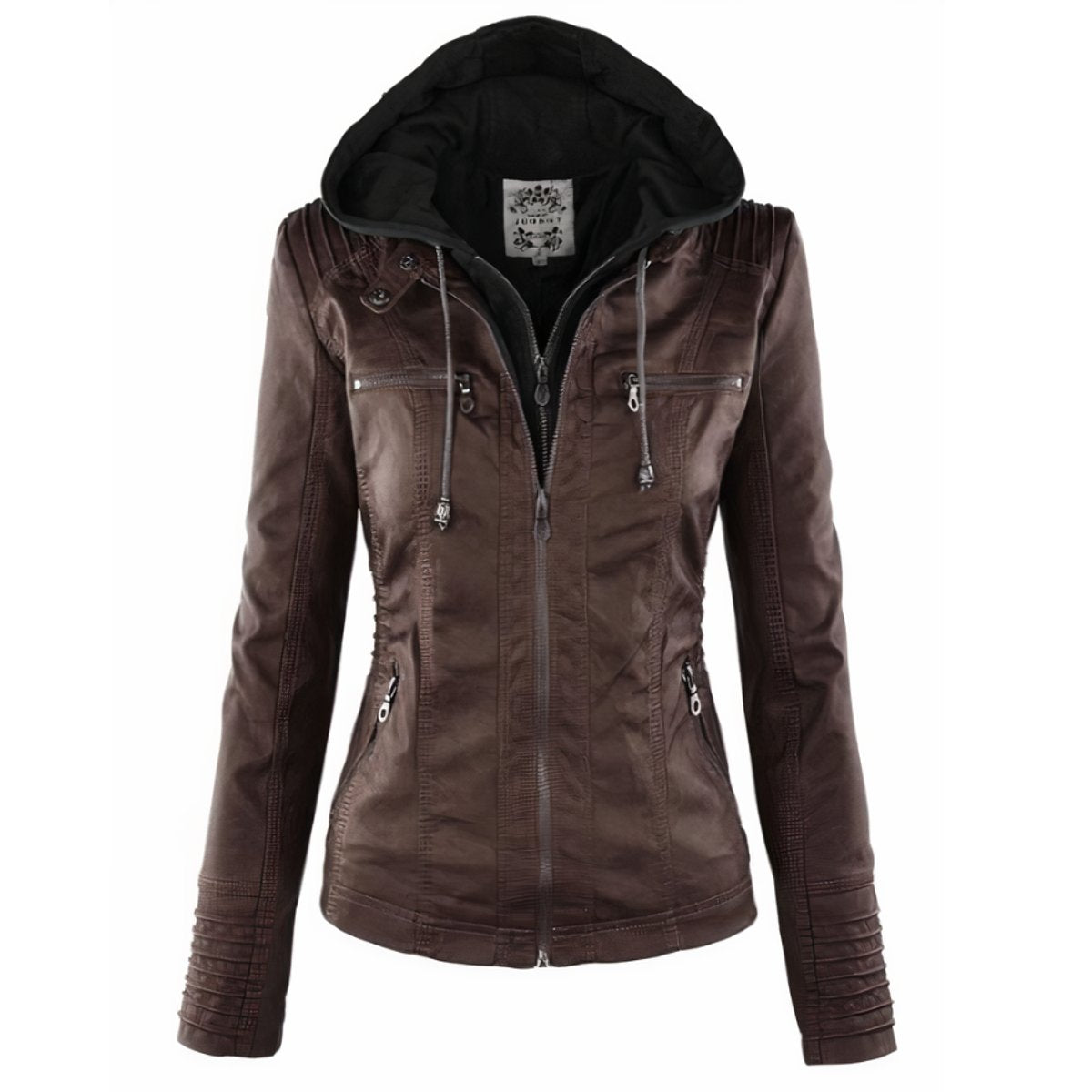 Genevieve | Women's Hooded Moto Faux Leather Jacket