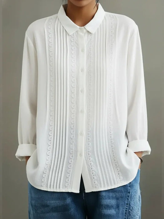 Sienna | Women's Lace Trim Pleated Front Button-Up Long Sleeve Blouse