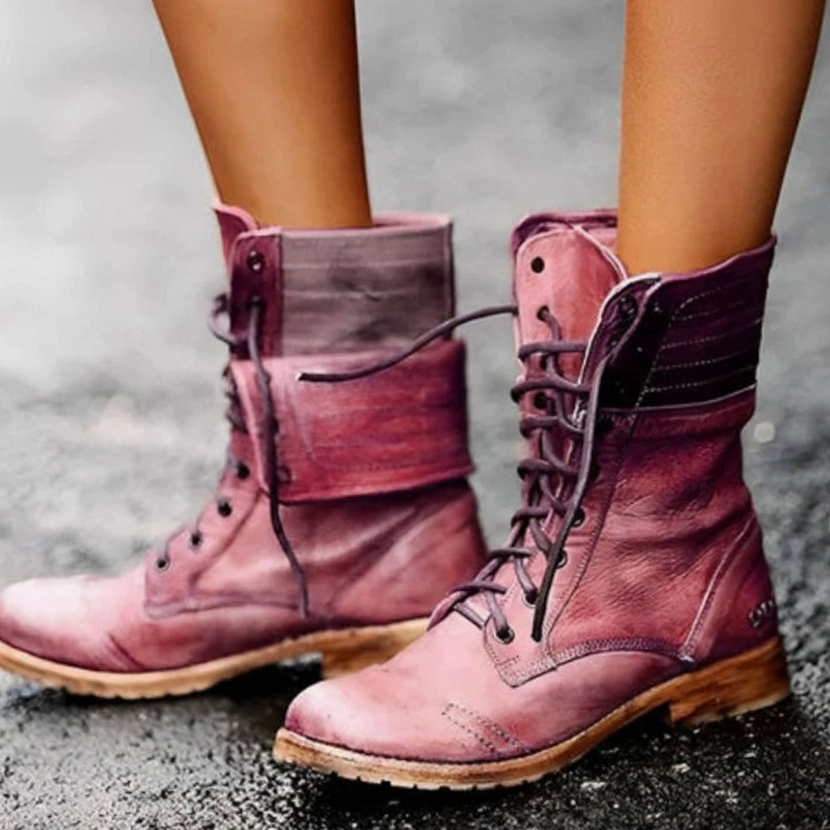 Maribeth | Women's Lace-Up Foldover Distressed Mid-Calf Combat Boot