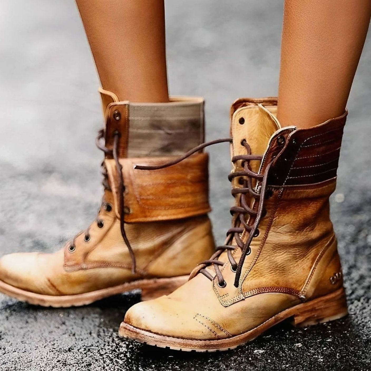Maribeth | Women's Lace-Up Foldover Distressed Mid-Calf Combat Boot