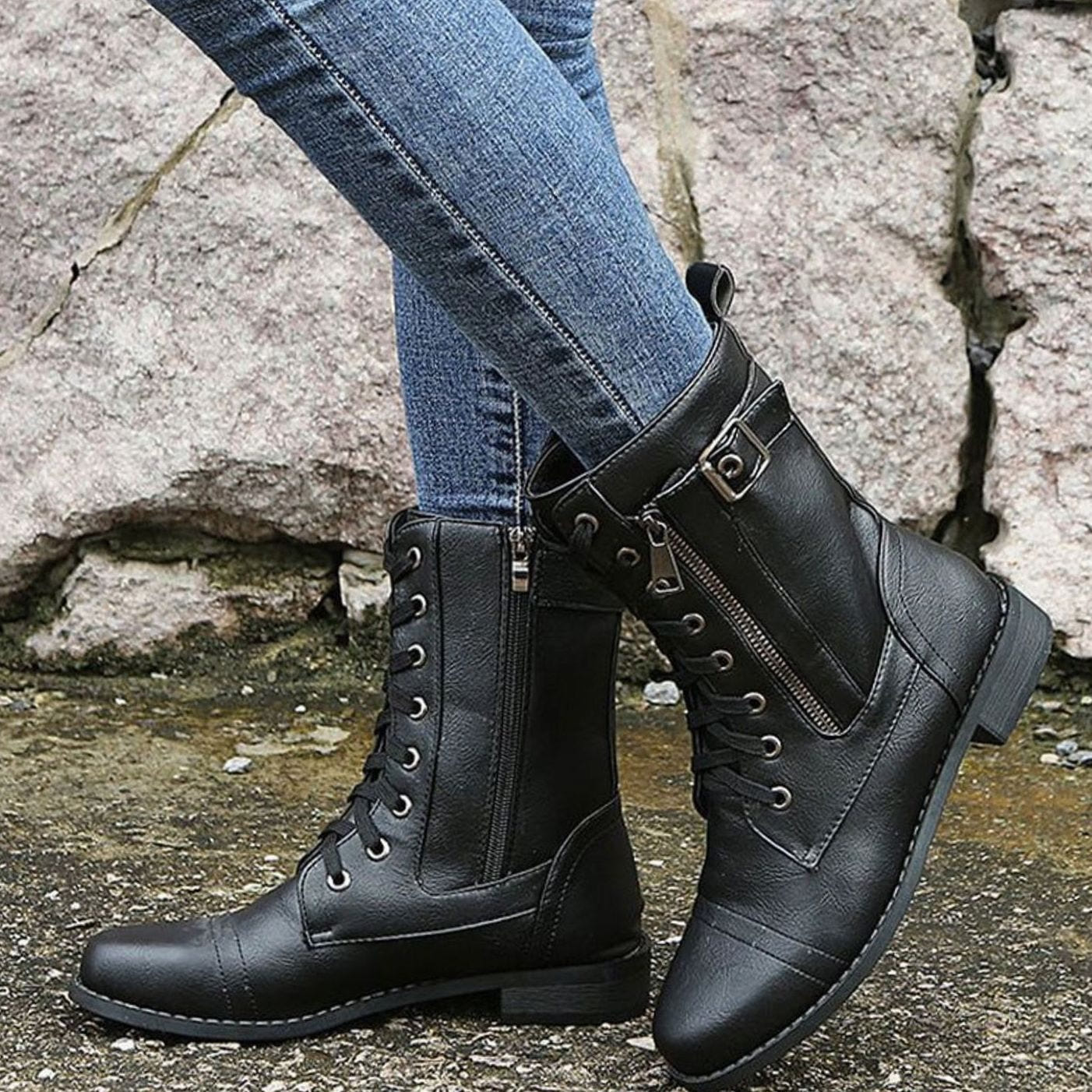 Verity | Women's Lace-Up Side-Zip Faux Leather Combat Boot