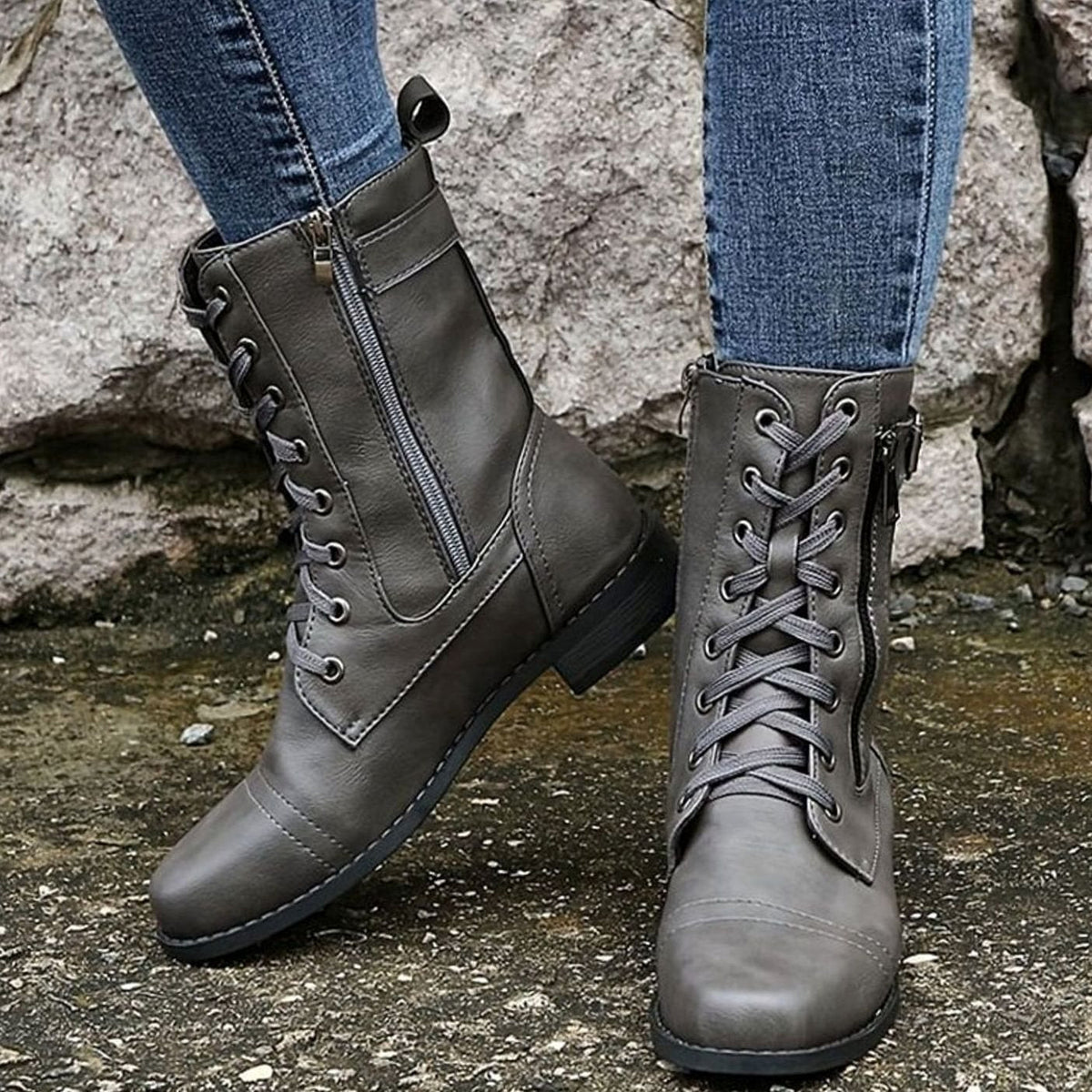 Verity | Women's Lace-Up Side-Zip Faux Leather Combat Boot