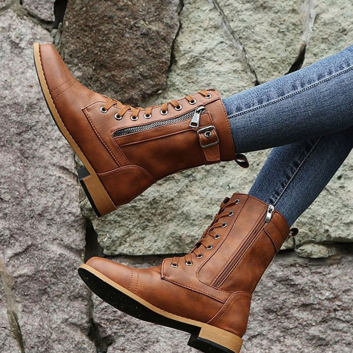 Verity | Women's Lace-Up Side-Zip Faux Leather Combat Boot