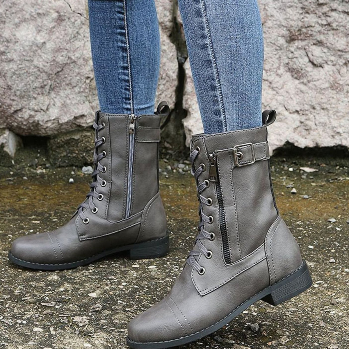 Verity | Women's Lace-Up Side-Zip Faux Leather Combat Boot