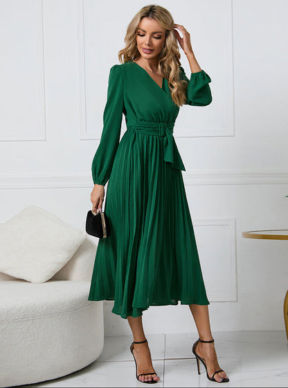 Grace | Long Sleeve Wrap Neck Waist Tie Pleated Midi Wedding Guest Dress