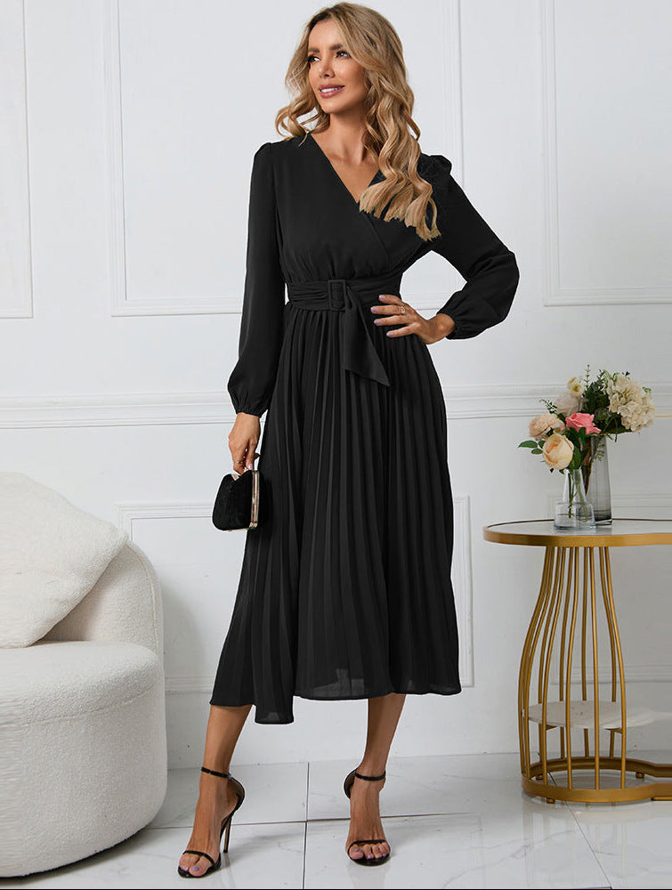 Grace | Long Sleeve Wrap Neck Waist Tie Pleated Midi Wedding Guest Dress