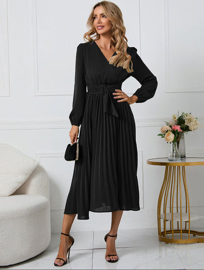 Grace | Long Sleeve Wrap Neck Waist Tie Pleated Midi Wedding Guest Dress
