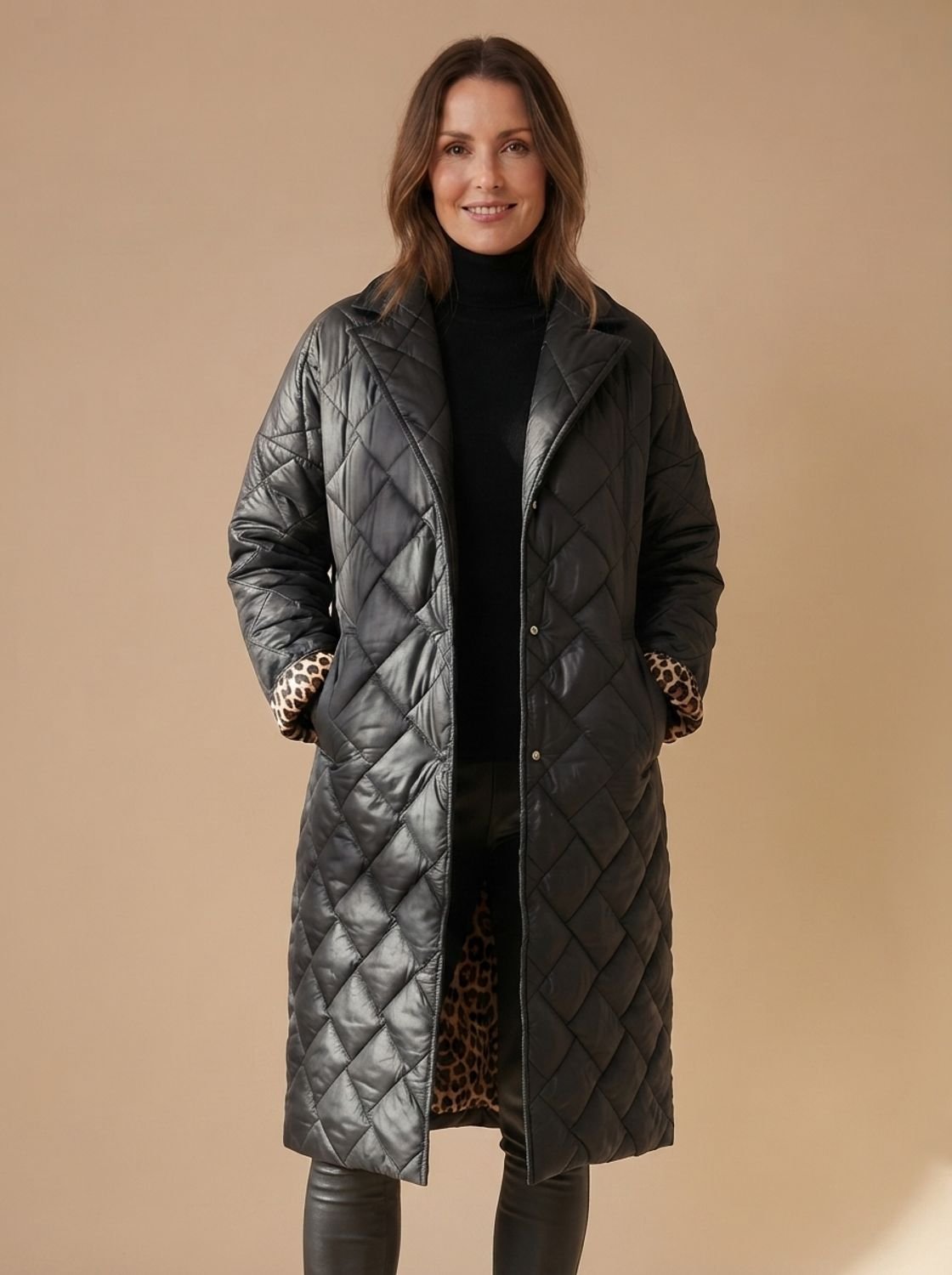 Solvenna | Women's Quilted Diamond-Stitch Leopard-Lined Mid-Length Winter Coat