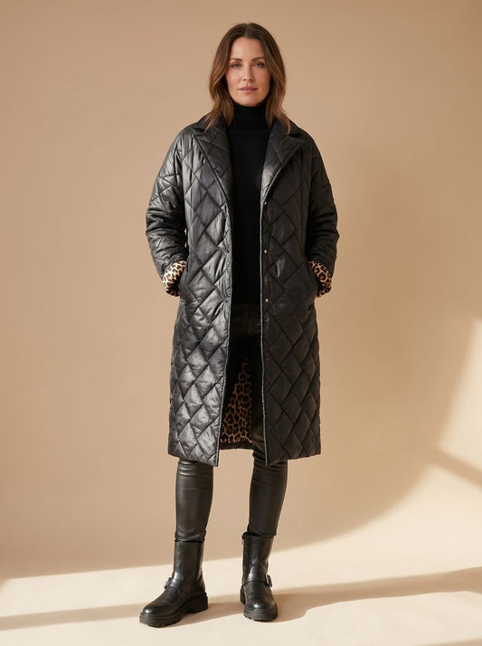 Solvenna | Women's Quilted Diamond-Stitch Leopard-Lined Mid-Length Winter Coat