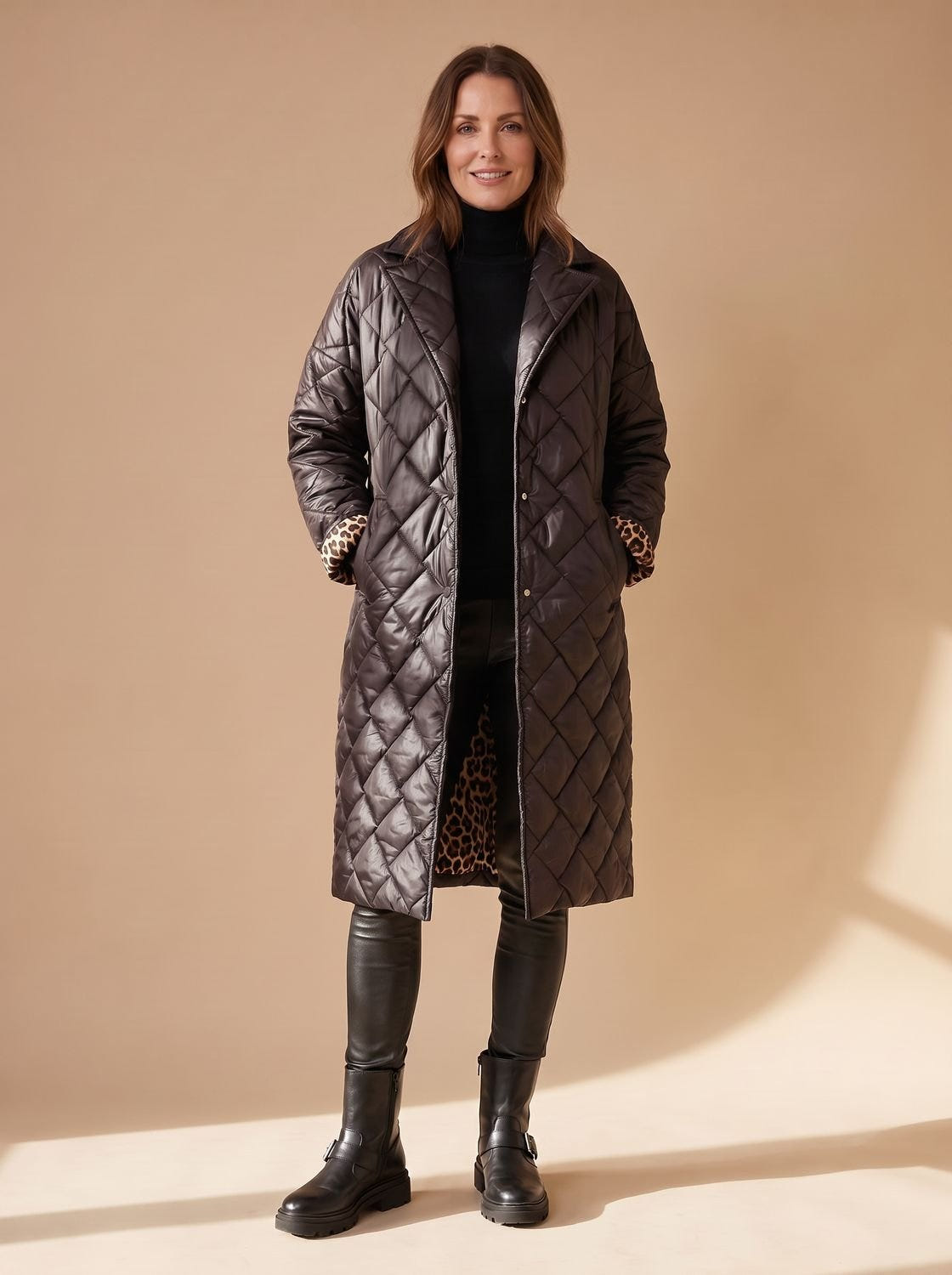 Solvenna | Women's Quilted Diamond-Stitch Leopard-Lined Mid-Length Winter Coat