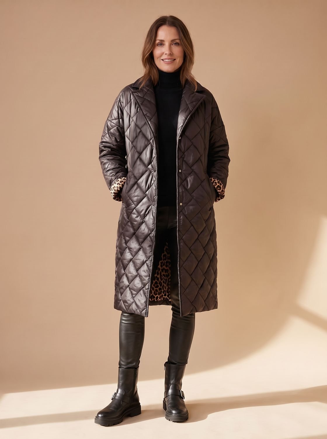 Solvenna | Women's Quilted Diamond-Stitch Leopard-Lined Mid-Length Winter Coat