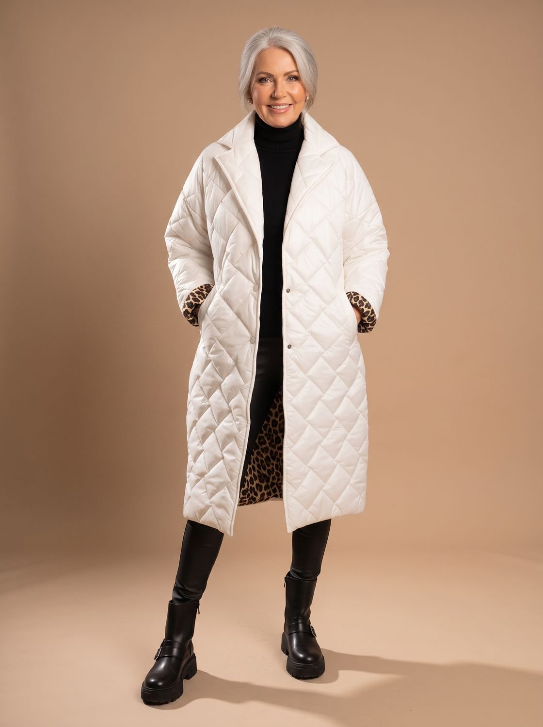 Solvenna | Women's Quilted Diamond-Stitch Leopard-Lined Mid-Length Winter Coat