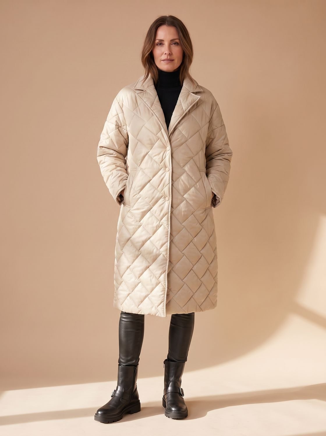 Solvenna | Women's Quilted Diamond-Stitch Leopard-Lined Mid-Length Winter Coat