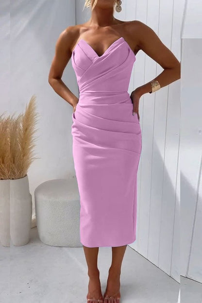 Camille | Women's Strapless Draped Sweetheart Formal Wedding Guest Midi Dress