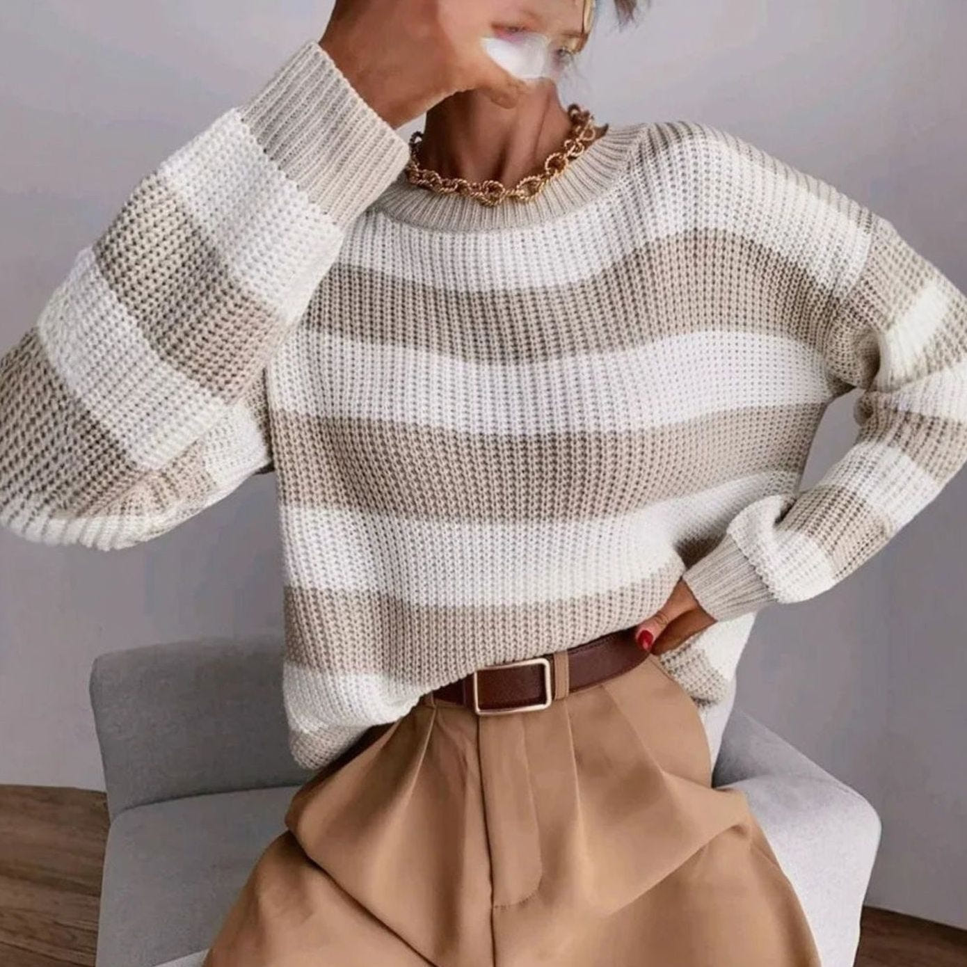 Cosette | Women's Striped Chunky Knit Relaxed-Fit Pullover Sweater