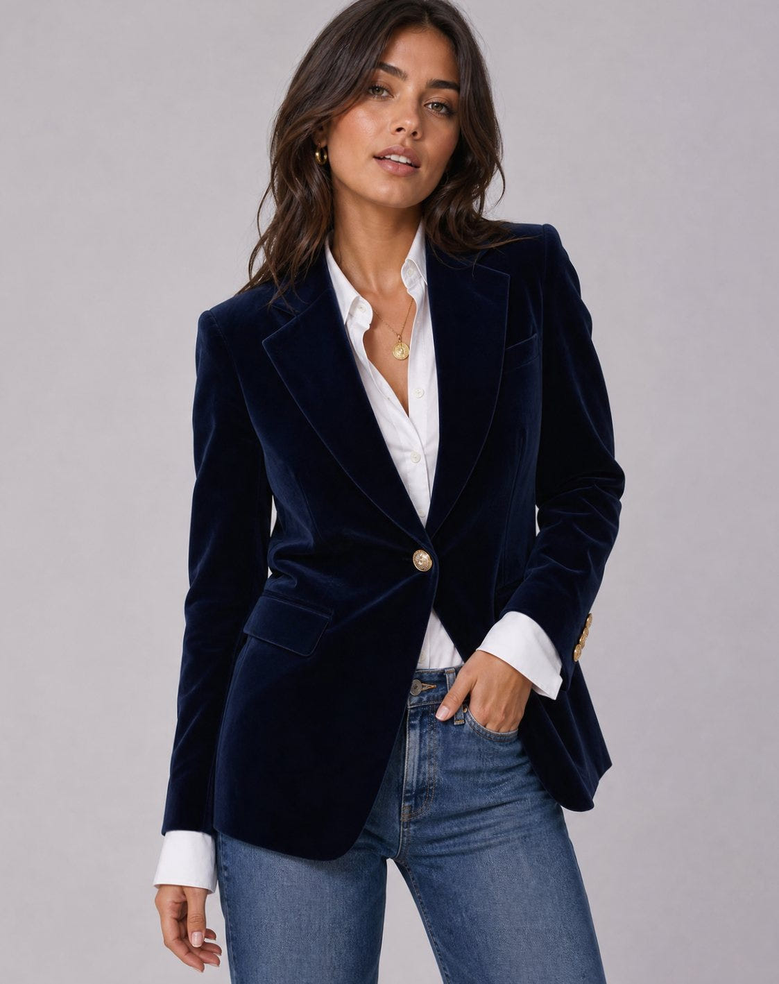 Marlowyx | Women's Structured Velvet Gold-Button Slim-Fit Blazer