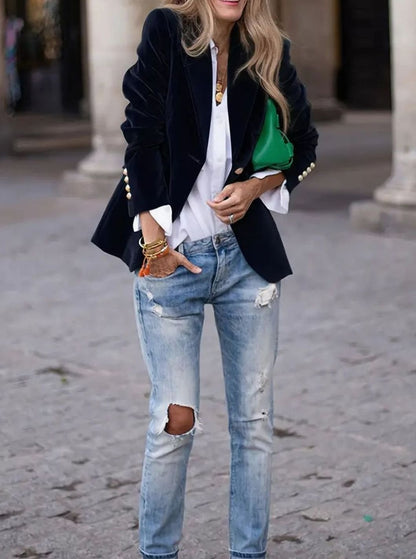 Marlowyx | Women's Structured Velvet Gold-Button Slim-Fit Blazer