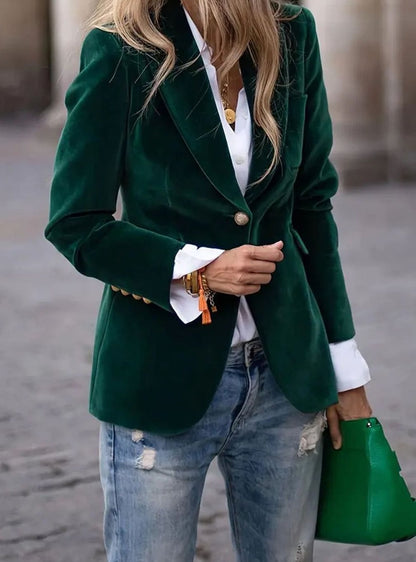 Marlowyx | Women's Structured Velvet Gold-Button Slim-Fit Blazer