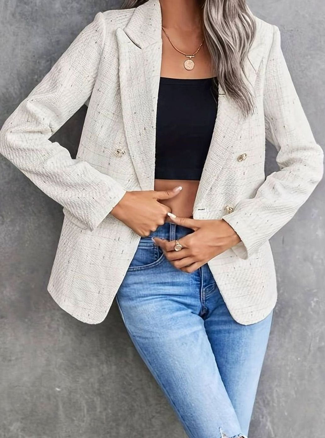 Mireille | Women's Tweed Double-Breasted Structured Long-Sleeve Blazer