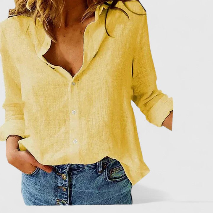 Elena | Lapel Collar Button Down Long Sleeve Relaxed Linen Blouse