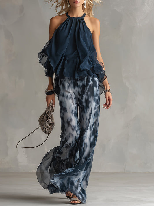 Zephyra | Halter Neck Ruffle Top Tie Dye Print Wide Leg Two Piece Set