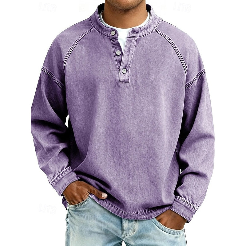 Callum | Men's Vintage Washed Stand Collar Raglan Sleeve Henley Shirt