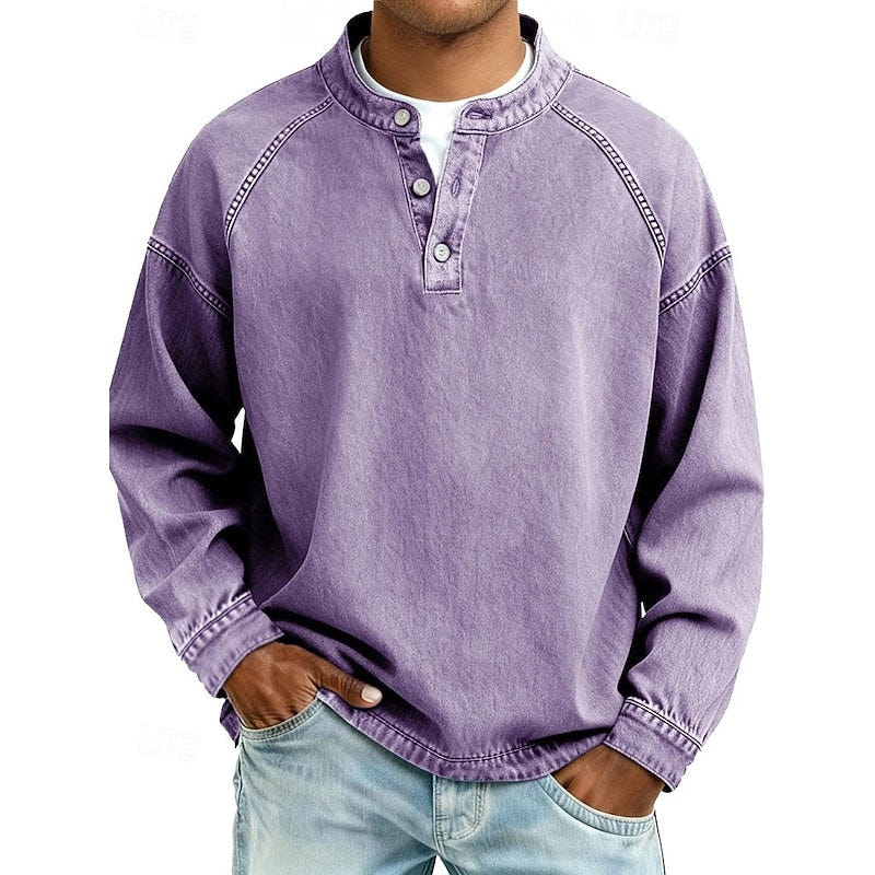 Callum | Men's Vintage Washed Stand Collar Raglan Sleeve Henley Shirt